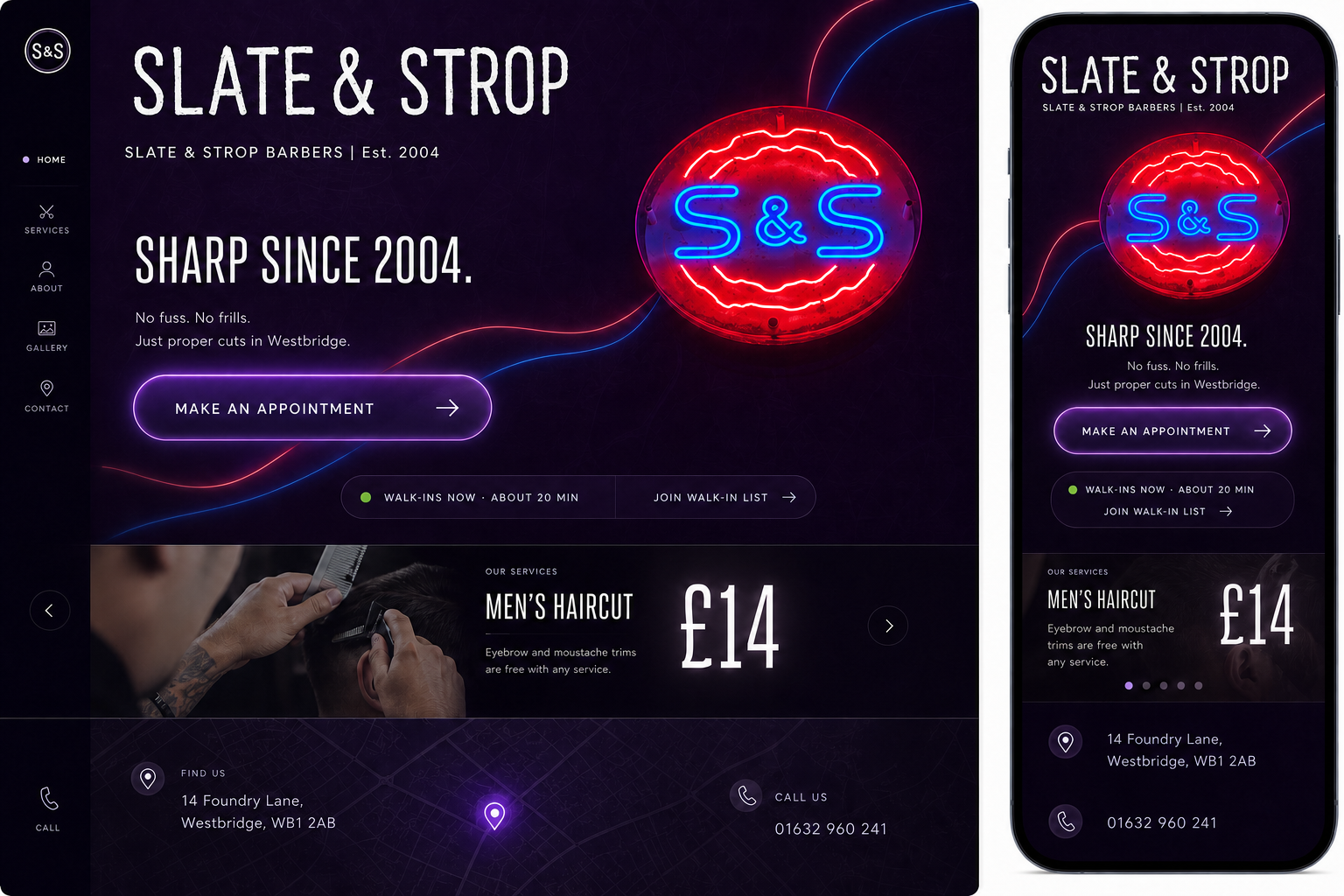 Neon Contemporary direction for the fictional Slate & Strop Barbers brand